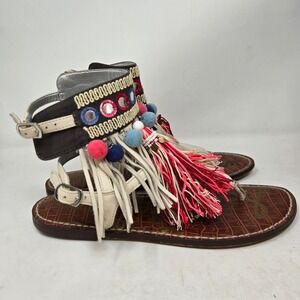 Sam Edelman Gere Boho Gladiator Sandals Pom Pom Tassel Festival Womens 7.5M